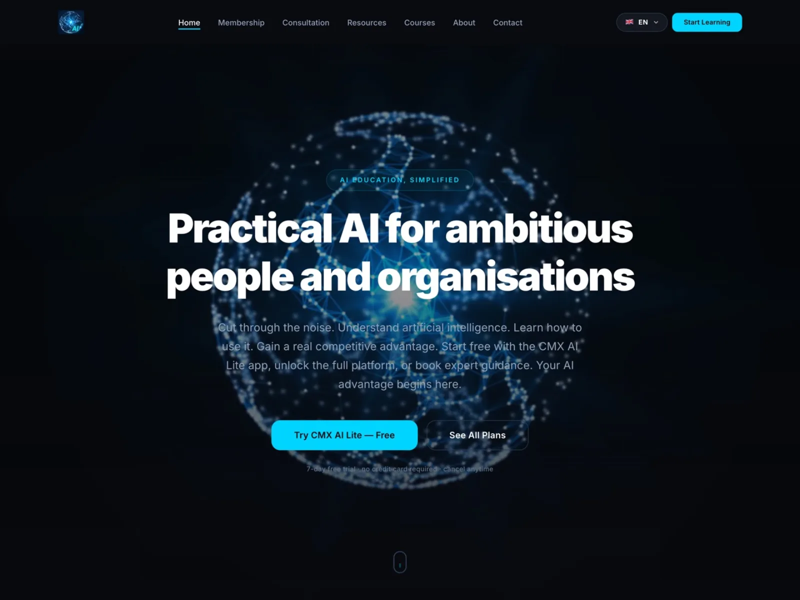 CMX AI · a dark, cyan-accented interface for an internal AI tool